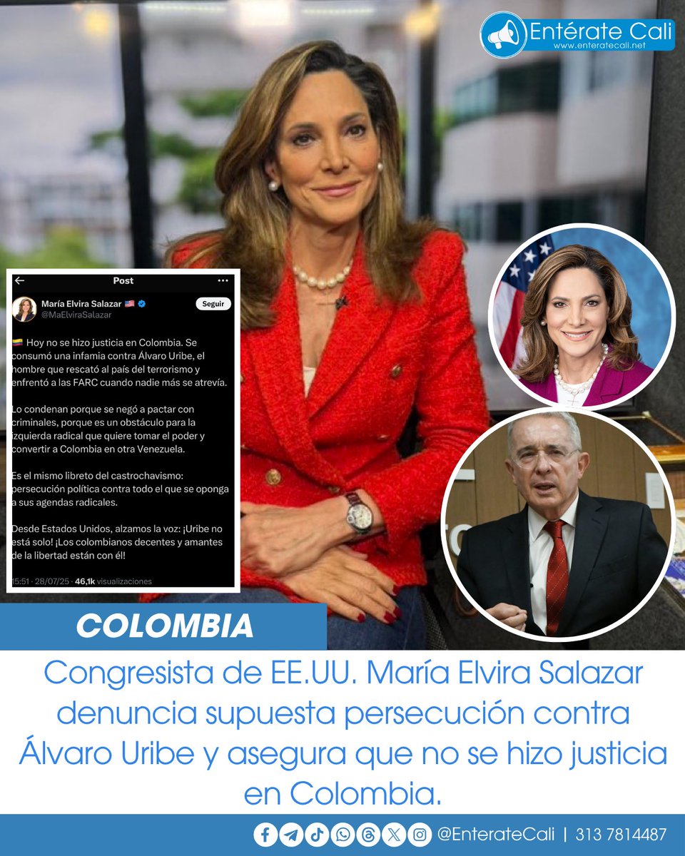 EnterateCali's tweet image. La congresista republicana María Elvira Salazar criticó una reciente decisión judicial en Colombia que afecta al expresidente Álvaro Uribe, calificándola como una “infamia”. A través de su cuenta de X, la legisladora aseguró que “no se hizo justicia” y que Uribe es víctima de una…