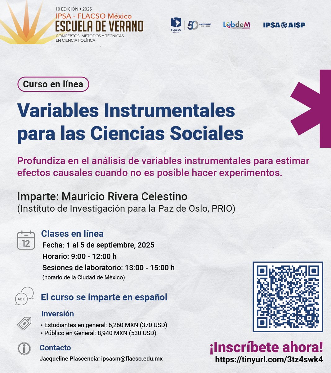 Aprende en la Escuela de Verano IPSA-FLACSO México como aplicar métodos rigurosos para identificar relaciones causales en investigación social.

El curso #VariablesInstrumentales para las #CienciasSociales ofrece una base teórica sólida y herramientas prácticas con Stata y R,