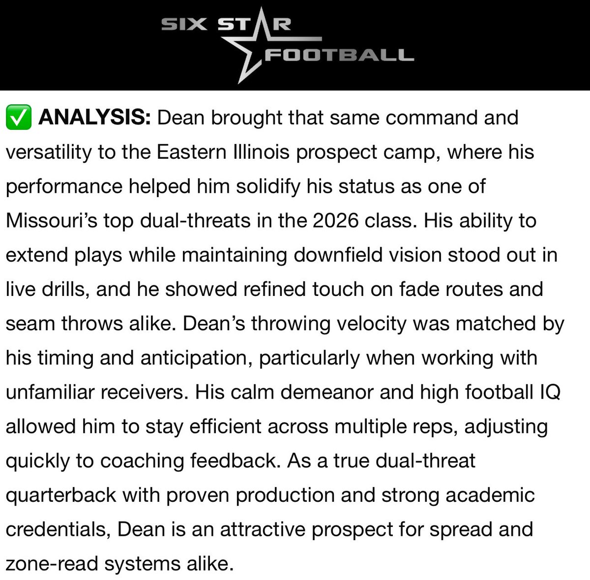 Ivan Dean (@ivan_dean_11) on Twitter photo Thank you <a href="/sixstarfootball/">Six Star Football | PLUS+</a> for the write-up, had a great time <a href="/EIU_FB/">Eastern Illinois Football</a>!
<a href="/HoltFB/">Holt Football</a> <a href="/NationHolt/">Holt Indian Nation</a> <a href="/RecruitHoltFB/">HOLT FOOTBALL RECRUITING</a> <a href="/EthanPlace8541/">Coach Ethan Place</a> <a href="/6starfootballMO/">Six Star Football | MISSOURI</a> <a href="/JPRockMO/">JP Rock</a> <a href="/GSV_STL/">Gateway Sports Venue</a> <a href="/elitefootball/">EliteFootballAcademy</a> <a href="/CoachHulmes/">Alec Hulmes</a> <a href="/QBHitList/">QBHitList.com</a> <a href="/GatewayGrid/">Gateway Gridiron</a> <a href="/MidRecruiting/">Prep “Football” Mid Missouri Recruiting</a> Thank you <a href="/sixstarfootball/">Six Star Football | PLUS+</a> for the write-up, had a great time <a href="/EIU_FB/">Eastern Illinois Football</a>!
<a href="/HoltFB/">Holt Football</a> <a href="/NationHolt/">Holt Indian Nation</a> <a href="/RecruitHoltFB/">HOLT FOOTBALL RECRUITING</a> <a href="/EthanPlace8541/">Coach Ethan Place</a> <a href="/6starfootballMO/">Six Star Football | MISSOURI</a> <a href="/JPRockMO/">JP Rock</a> <a href="/GSV_STL/">Gateway Sports Venue</a> <a href="/elitefootball/">EliteFootballAcademy</a> <a href="/CoachHulmes/">Alec Hulmes</a> <a href="/QBHitList/">QBHitList.com</a> <a href="/GatewayGrid/">Gateway Gridiron</a> <a href="/MidRecruiting/">Prep “Football” Mid Missouri Recruiting</a>