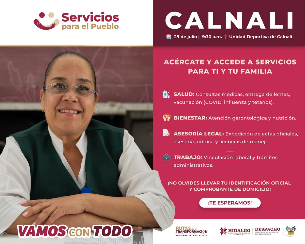 📢 ¡Ya estamos en #Calnali con las #RutasDeLaTransformación!
🕐 A partir de las 9:30 a.m., aprovecha para actualizar documentos, realizar trámites, solicitar asesorías y acceder a más servicios.
📍 Te esperamos en la Unidad Deportiva de Calnali
✅¡No olvides tu documentación!