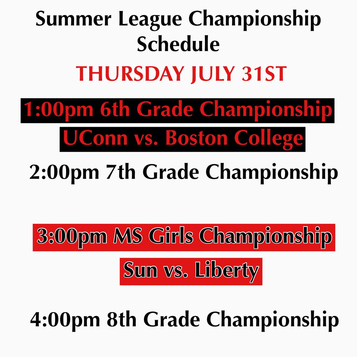 2 of our 4 Summer League championship matchups are SET for Thursday! 7th and 8th Grade semi-finals tomorrow! 🏀