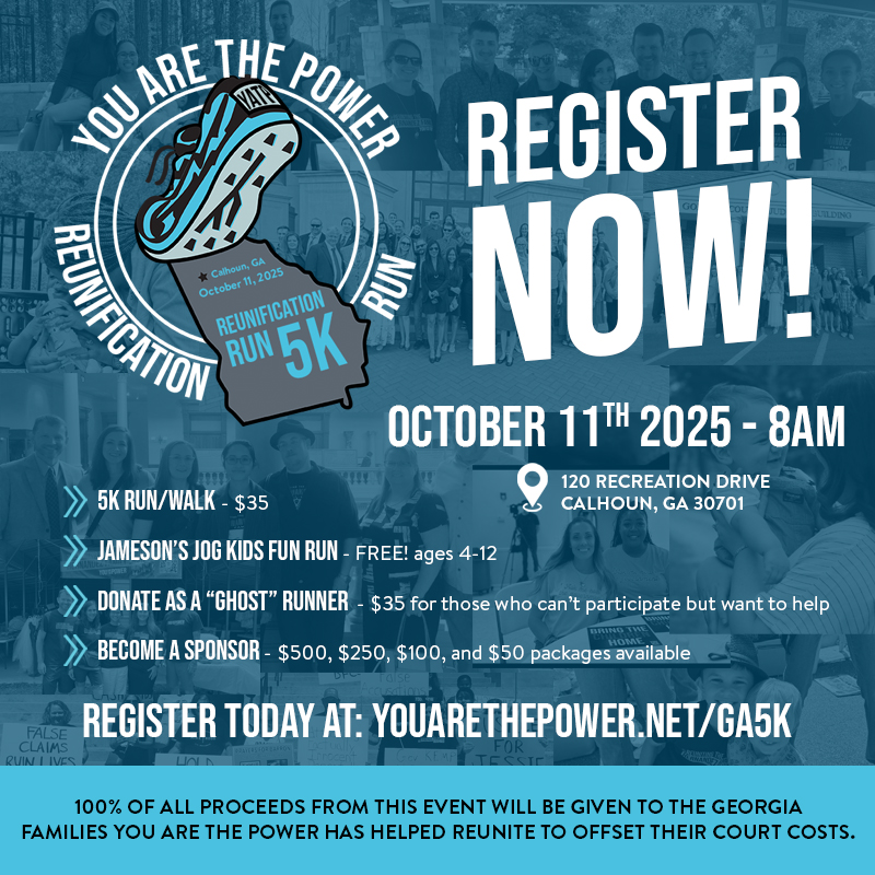 Join us for our Family Reunification Run 5K!

This will be meaningful 5K event to support our Georgia families that were impacted by wrongful separation. Proceeds will help cover debts for families You Are The Power has assisted through the reunification process.

This is a
