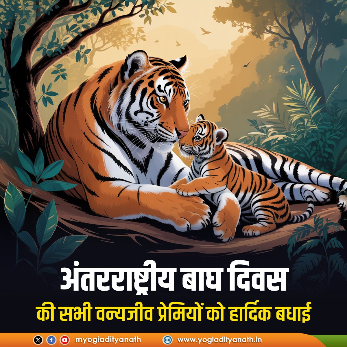 myogiadityanath's tweet image. 'अंतरराष्ट्रीय बाघ दिवस' की सभी प्रकृति-प्रेमियों व वन्यजीव संरक्षकों को हार्दिक बधाई!
बाघ हमारी जैव विविधता, पारिस्थितिक संतुलन और प्राकृतिक गरिमा का प्रतीक है।
आइए, गति-शक्ति के प्रतीक बाघ के संरक्षण के लिए संकल्पित होकर अंतरराष्ट्रीय बाघ दिवस को सार्थक बनाएं।