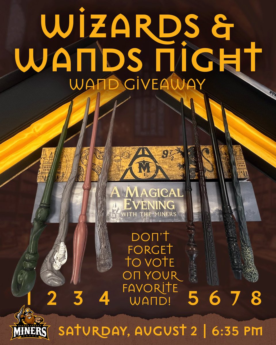 Vote on your favorite #wands for our Wizards &amp; Wands Night giveaway on Sat, August 2! 🪄

1️⃣ Fleur Delacour
2️⃣ Death Eater
3️⃣ Luna Lovegood
4️⃣ Bellatrix Lestrange
5️⃣ Professor McGonagall
6️⃣ Sirius Black
7️⃣ Severus Snape
8️⃣ Ron Weasley

tickets.sussexcountyminers.com