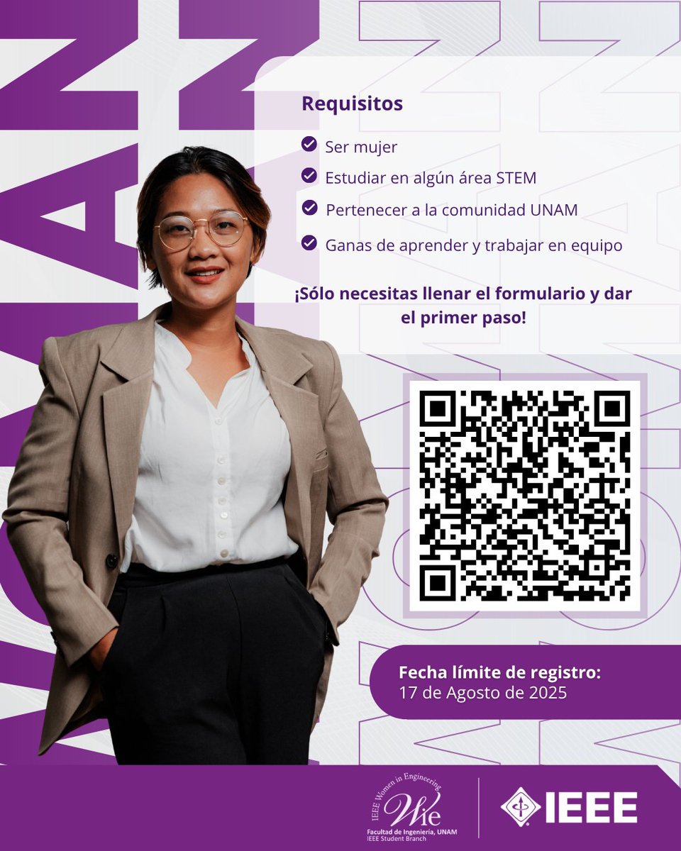 WIEunam's tweet photo. ¡Estamos reclutando!
En WIE UNAM buscamos chicas como tú: con ganas de aprender, conectar y crecer juntas 💜
Responde el formulario y únete a esta comunidad poderosa 👩‍💻✨
👉 ¡Anímate, te estamos esperando!

#WIEUNAM #MujeresEnSTEM #YoSoyWIE #ComunidadWIE #OrgulloUNAM #UNAM https://t.co/OkNkybcwgy