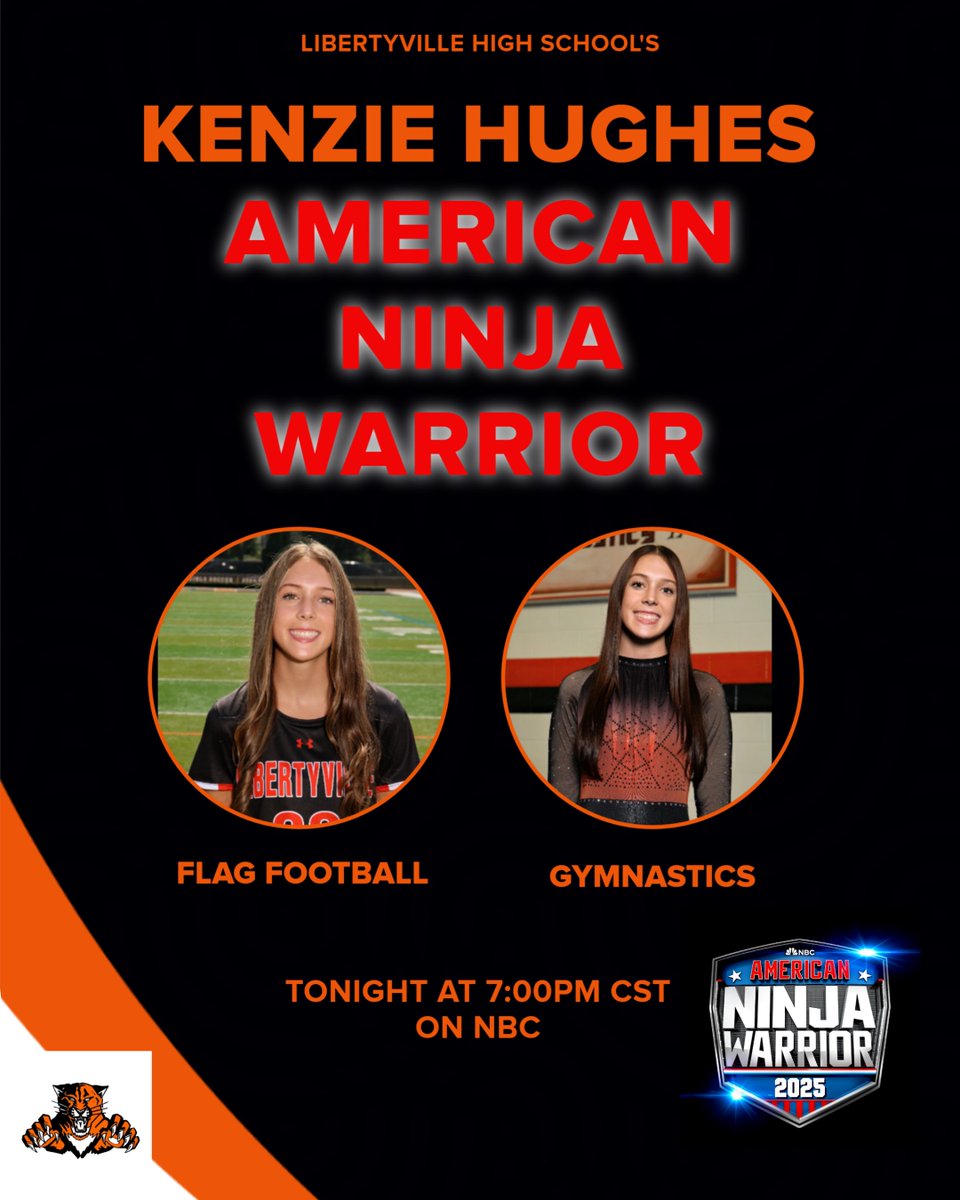 Check out Libertyville's very own Kenzie Hughes at 7:00pm on NBC as she competes in tonight's episode of American Ninja Warrior. Go Kenzie!