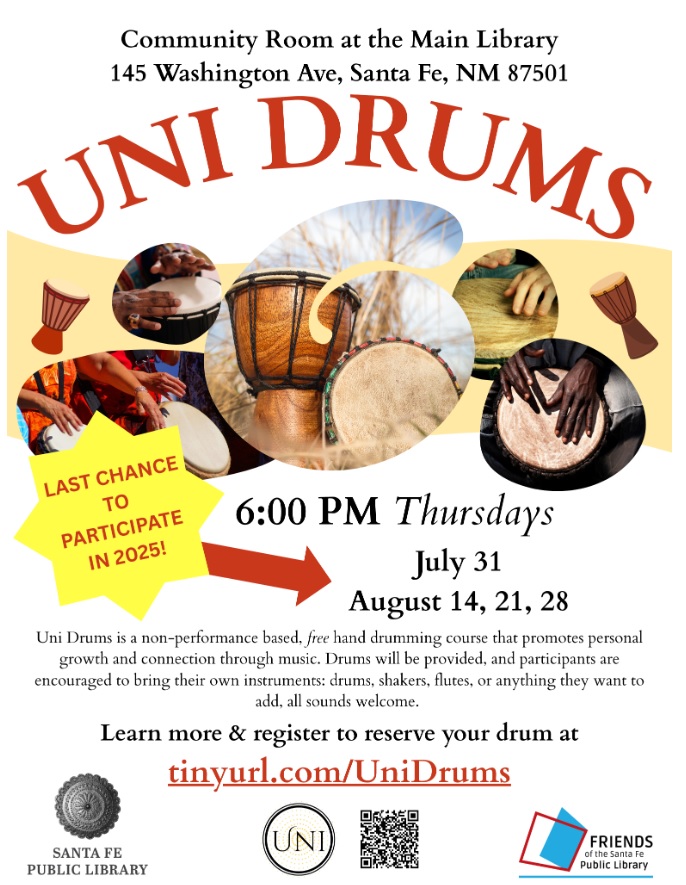 Last Chance(s) to Participate in #UniDrums!

Non-performance based, free hand drumming course promoting personal growth &amp; connection through music. 
Thursday
July 31, Aug 14, 21, 28
6-7pm
#MainLibrary

Register to save your spot and a drum to use! tinyurl.com/UniDrums