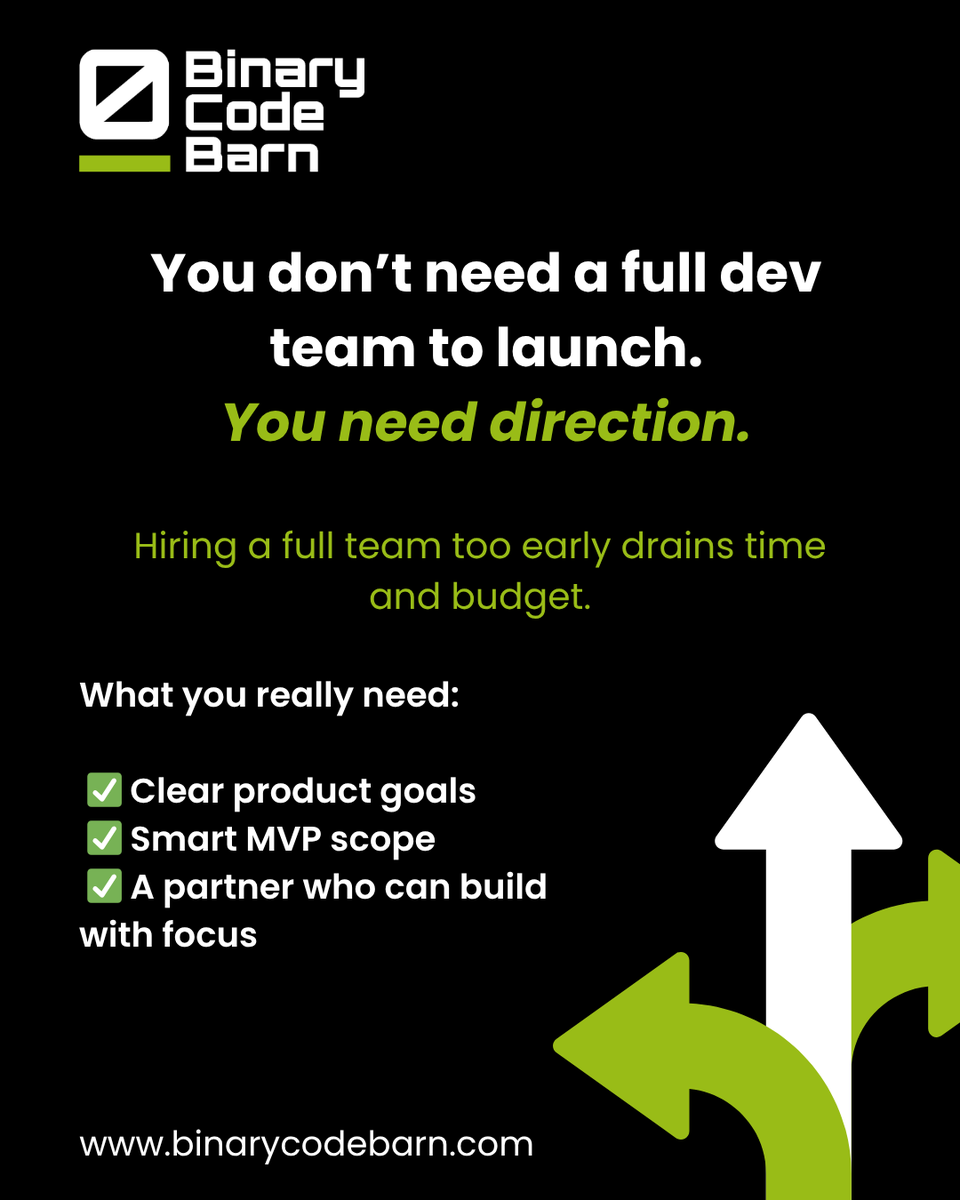 binarycodebarn's tweet photo. Think you need a full dev team to launch your startup?
You don’t.
You need clarity, a tight plan, and a partner who can build what matters — nothing more, nothing less.
At BCB, that’s exactly how we help early-stage startups move faster.
#BuiltByBCB #StartupBuilds #MVP2025 https://t.co/BQhDHx2FKy
