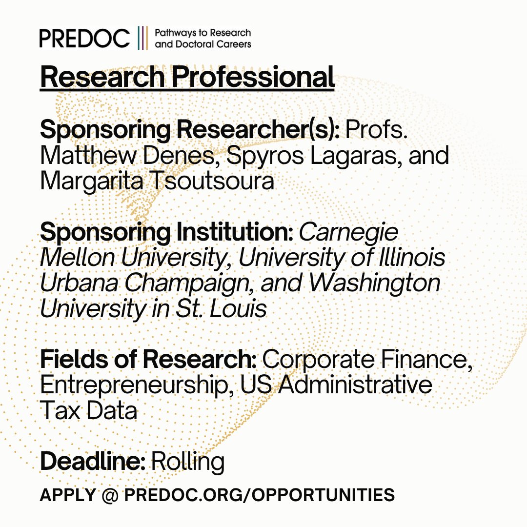 PREDOC.org (@predoc_org) on Twitter photo Joint predoc alert! Work with Profs. Matthew Denes (<a href="/CarnegieMellon/">Carnegie Mellon University</a>), Spyros Lagaras (<a href="/UofIllinois/">University of Illinois</a>), and Margarita Tsoutsoura (<a href="/M_Tsoutsoura/">Margarita Tsoutsoura</a>) (<a href="/washuolin/">WashU Olin Business School</a>) on research projects using US administrative tax data.
Apply at: bit.ly/4feGZoX Joint predoc alert! Work with Profs. Matthew Denes (<a href="/CarnegieMellon/">Carnegie Mellon University</a>), Spyros Lagaras (<a href="/UofIllinois/">University of Illinois</a>), and Margarita Tsoutsoura (<a href="/M_Tsoutsoura/">Margarita Tsoutsoura</a>) (<a href="/washuolin/">WashU Olin Business School</a>) on research projects using US administrative tax data.
Apply at: bit.ly/4feGZoX