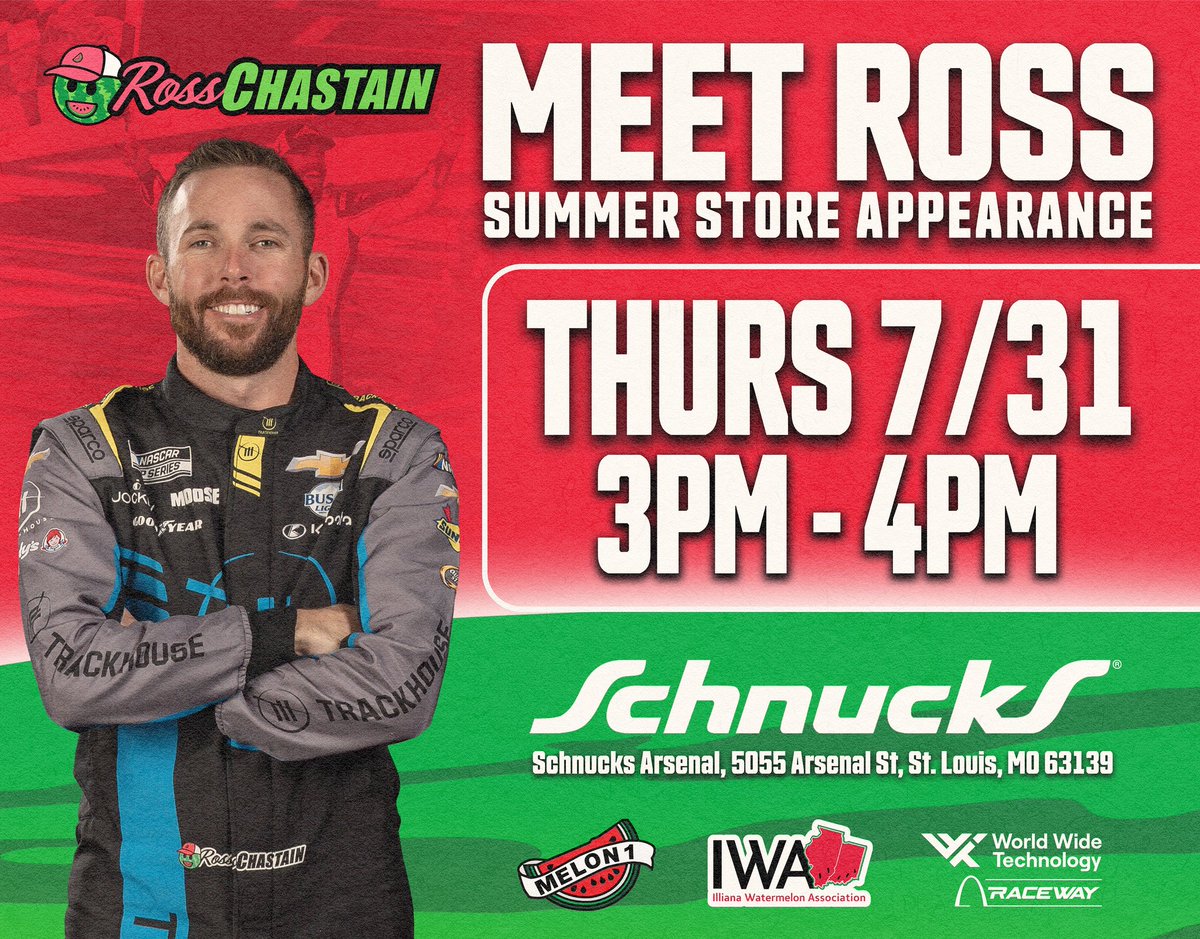 Ross Chastain (@rosschastain) on Twitter photo Heading over to <a href="/SchnuckMarkets/">schnuckmarkets</a> in St. Louis before going to Iowa this weekend! Come see me there from 3-4 pm. Heading over to <a href="/SchnuckMarkets/">schnuckmarkets</a> in St. Louis before going to Iowa this weekend! Come see me there from 3-4 pm.