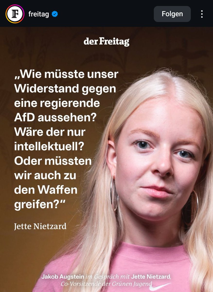 PhilipPlickert's tweet photo. Die Vorsitzende der Grünen Jugend, #JetteNietzard, fragt öffentlich, ob sie gegen die AfD “zu den Waffen greifen” sollte. Das sind linksextreme, verfassungsfeindliche Gewaltphantasien. Spätestens jetzt muss sie bei den #Grünen rausfliegen https://t.co/nIbNvFpyhv