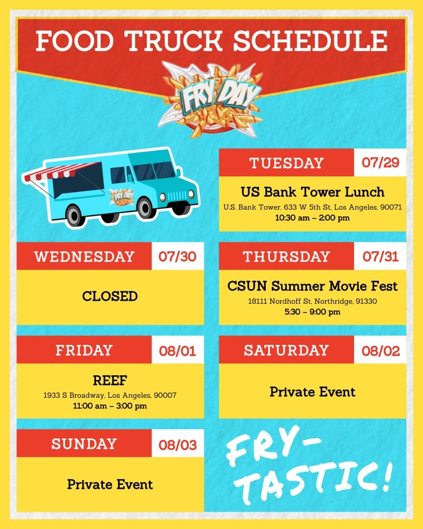 Kicking off the week with Downtown LA vibes and closing it out with churros and private events!

Private events and crispy magic happening all weekend 🔥

#frydayfoodtruck #loadedfries #laevents #csun #usbanktower #frytastic #friesonfries