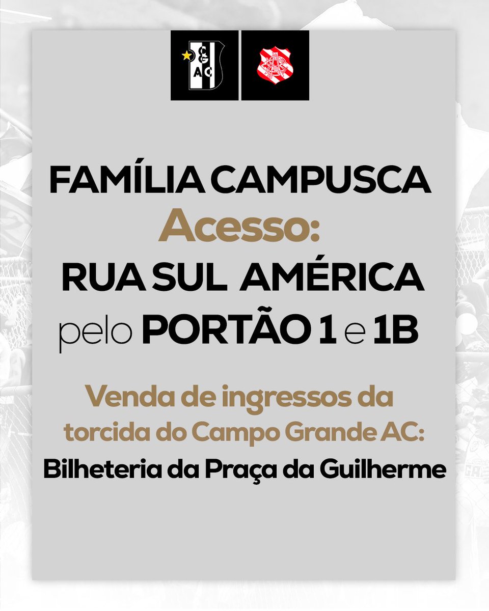 campuscaoficial's tweet photo. INGRESSSOS DISPONÍVEIS 🏳️🏴

Nesta quarta-feira (30/07), às 19h30, o Campo Grande AC encara o Bangu, no estádio Moça Bonita, pela partida de ida da Copa Rio! 💥

🎟 Ingressos:
➡️ R$ 20 (inteira)
➡️ R$ 10 (meia – para estudantes, idosos e PCDs) https://t.co/gPlmmAyFSj