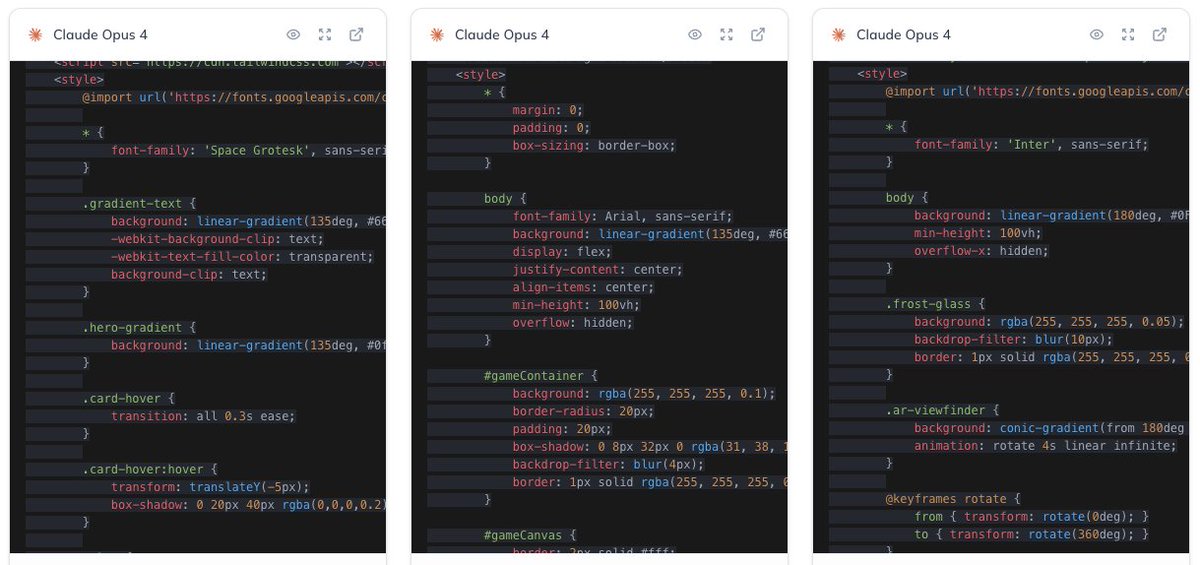 Grace Li (@grx_xce) on Twitter photo Stylesheets might be underexploited
Qwen3 Coder by <a href="/Alibaba_Qwen/">Qwen</a> is 2nd place on Design Arena and the first model to consistently link <a href="/fontawesome/">Font Awesome</a> v6.4
It's just behind Opus 4 by <a href="/AnthropicAI/">Anthropic</a> (which writes everything from scratch)
work smarter not harder I guess Stylesheets might be underexploited
Qwen3 Coder by <a href="/Alibaba_Qwen/">Qwen</a> is 2nd place on Design Arena and the first model to consistently link <a href="/fontawesome/">Font Awesome</a> v6.4
It's just behind Opus 4 by <a href="/AnthropicAI/">Anthropic</a> (which writes everything from scratch)
work smarter not harder I guess