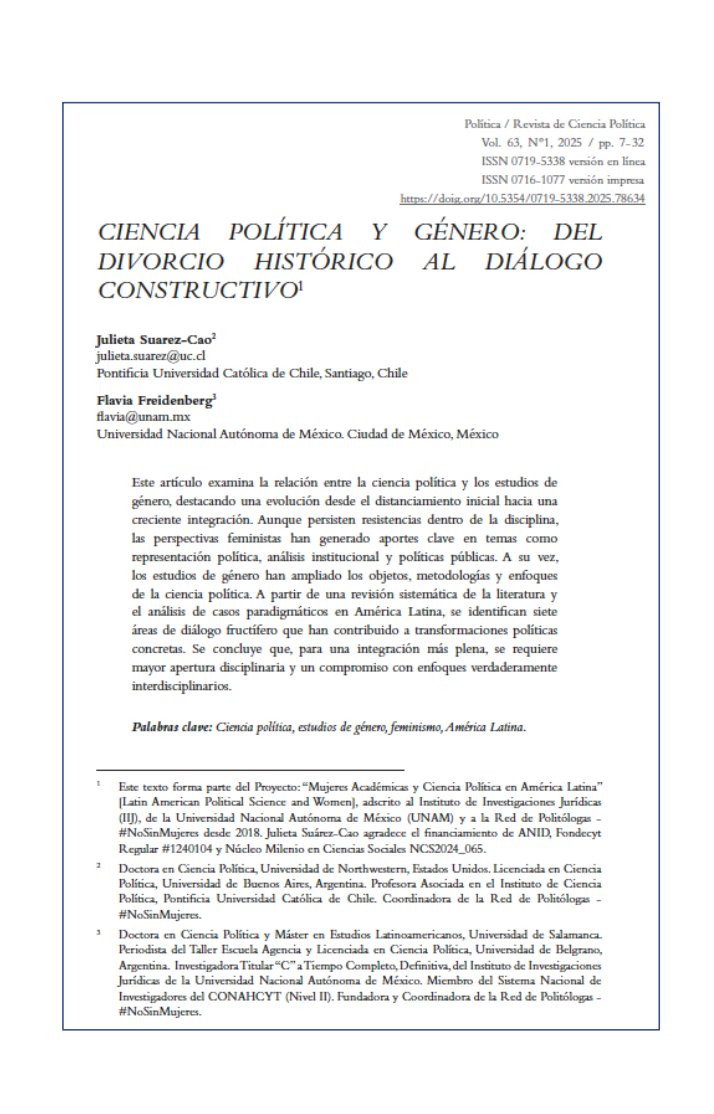 Ciencia Política y Género

Este artículo en la <a href="/RevPolitica/">Revista Política</a> de <a href="/jujuchi/">Julieta Suárez-Cao (she/her/ella)</a> y <a href="/flaviafrei/">Flavia Freidenberg</a> muestra cómo algunos temas tradicionales de la Ciencia Política se han estudiando con una perspectiva de género. Plantea también una agenda.

Descarga libre: revistapolitica.uchile.cl/index.php/RP/a…