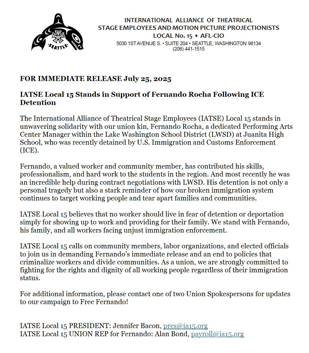 IATSE's tweet image. IATSE stands in unwavering solidarity with Fernando Rocha of Local 15, who was recently detained by ICE. Fernando is a vital member of his community, and a leader during recent contract negotiations. His detention is a heartbreaking example of how these policies harm working…