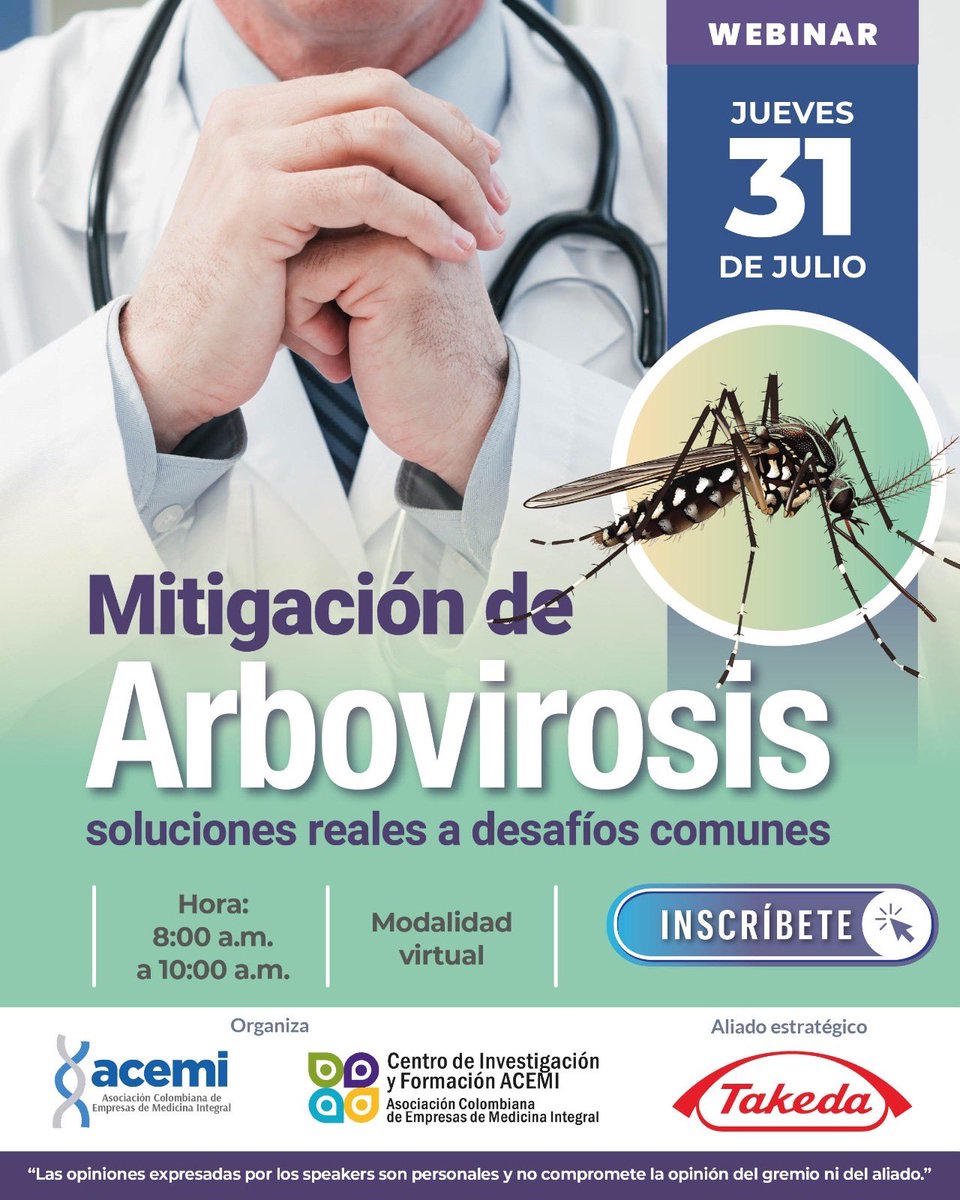 El próximo jueves 31 de julio a partir de las 8:00am le invitamos a participar en el webinar ‘Mitigación de arbovirosis: soluciones reales a desafíos comunes’. 

Será un espacio académico para analizar los principales factores asociados a la situación actual de las enfermedades