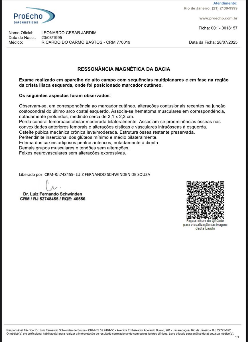 futebol_info's tweet photo. ⚠️ Vasco informa que o goleiro Léo Jardim foi submetido a exame de ressonância magnética, que identificou alterações contusionais recentes na junção costocondral do último arco costal esquerdo, com hematomas musculares profundos associados, medindo aproximadamente 3,1 x 2,3 cm.

O atleta encontra-se em tratamento intensivo com o Departamento de Saúde e Performance (DESP).

A divulgação do laudo foi autorizada pelo atleta e pelo médico responsável pelo exame.

Confira abaixo o laudo completo do exame realizado em 28/07/2025.

🗞 @ntvascainos 
📸 Reprodução | Divulgação