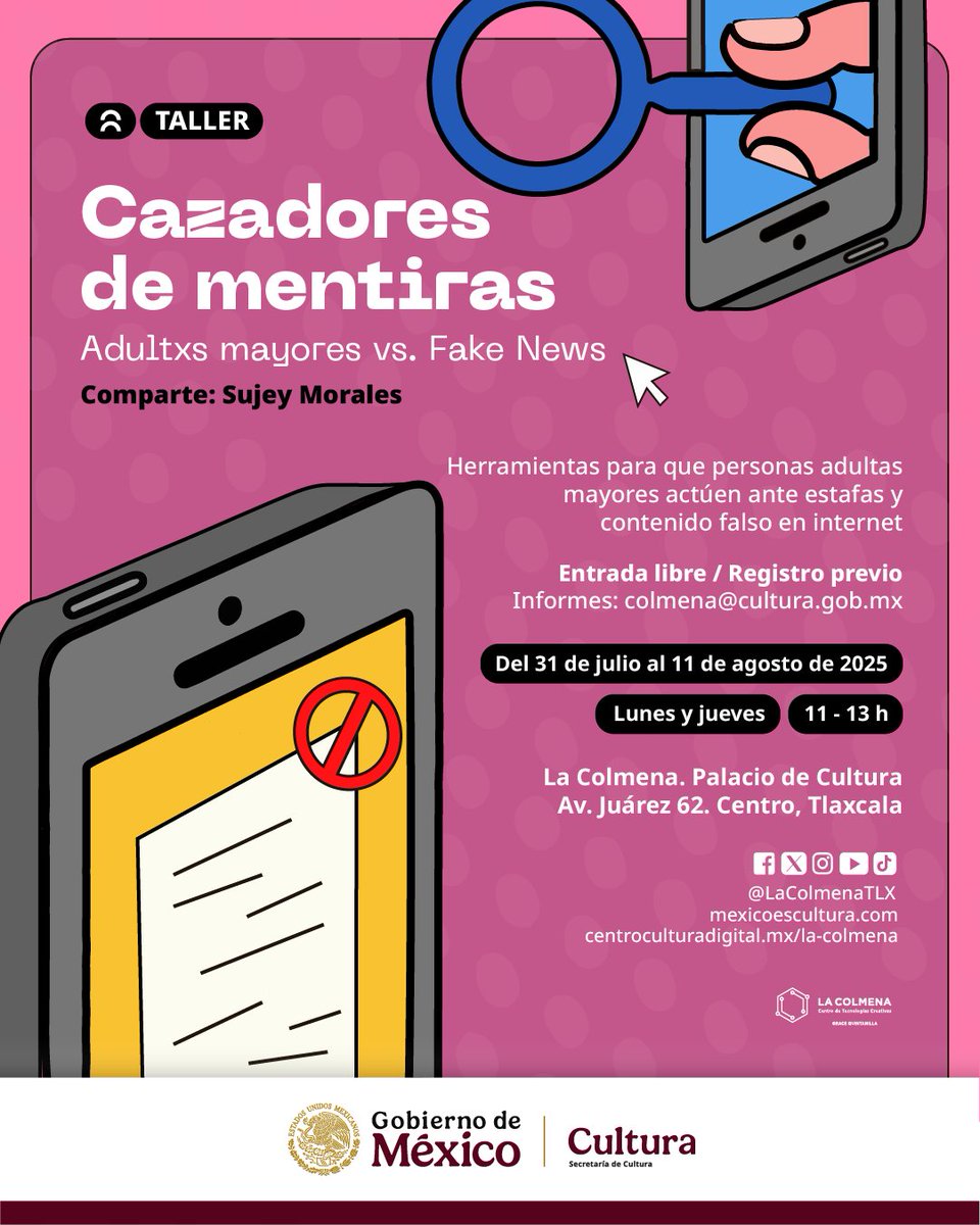 El taller está diseñado para que las personas adultas mayores desarrollen habilidades prácticas para reconocer contenido falso, comprender los riesgos de las estafas en línea y mejorar su seguridad al navegar por internet y redes sociales.

centroculturadigital.mx/actividad/caza…