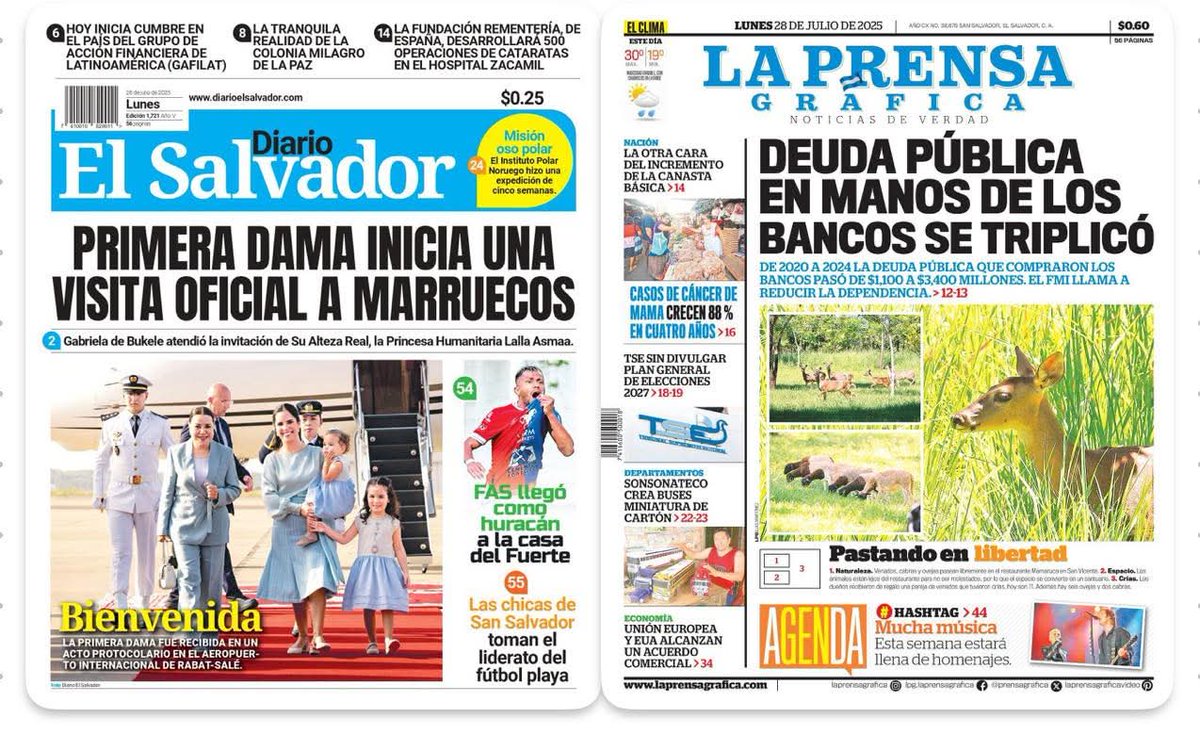 ElTrompudo2022's tweet image. 📸 Las Portadas de Hoy son una Radiografía Perfecta del País que Tenemos…‼️
Mientras La Prensa Gráfica revela que la deuda pública en manos de los bancos se triplicó, el Diario El Salvador celebra que la primera dama inicia una visita oficial a Marruecos.
🇸🇻✈️ Me gustaría…