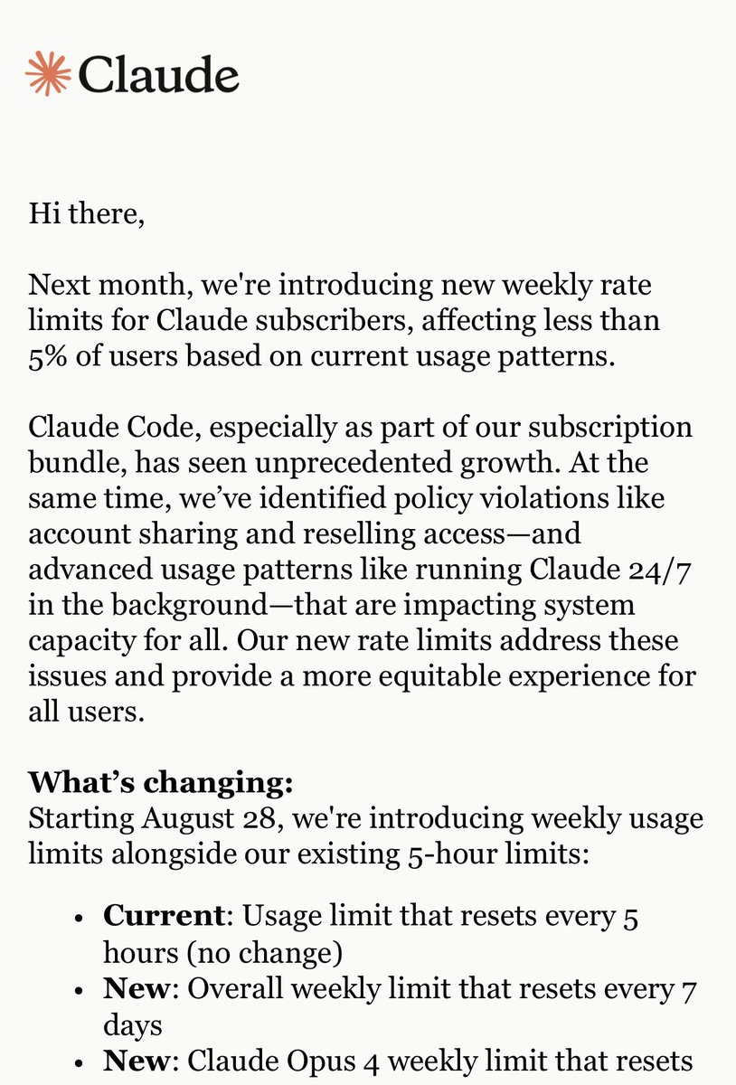 suthio_'s tweet image. Claude Code、使いすぎユーザーがいるので5時間ごとの制限以外に週次制限も導入するってよ