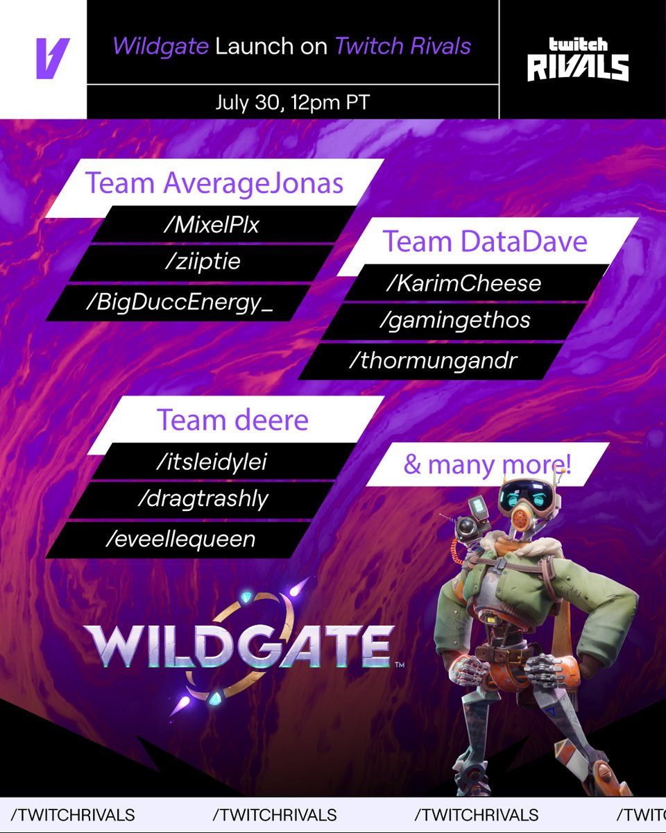 Meet some of the crews diving headfirst into the Wildgate. 🌀
Let the journey begin...

🗓️ July 30, 12pm PT
📍 <a href="/playwildgate/">Wildgate - OUT NOW!</a> Launch on Twitch Rivals
📺 /TwitchRivals