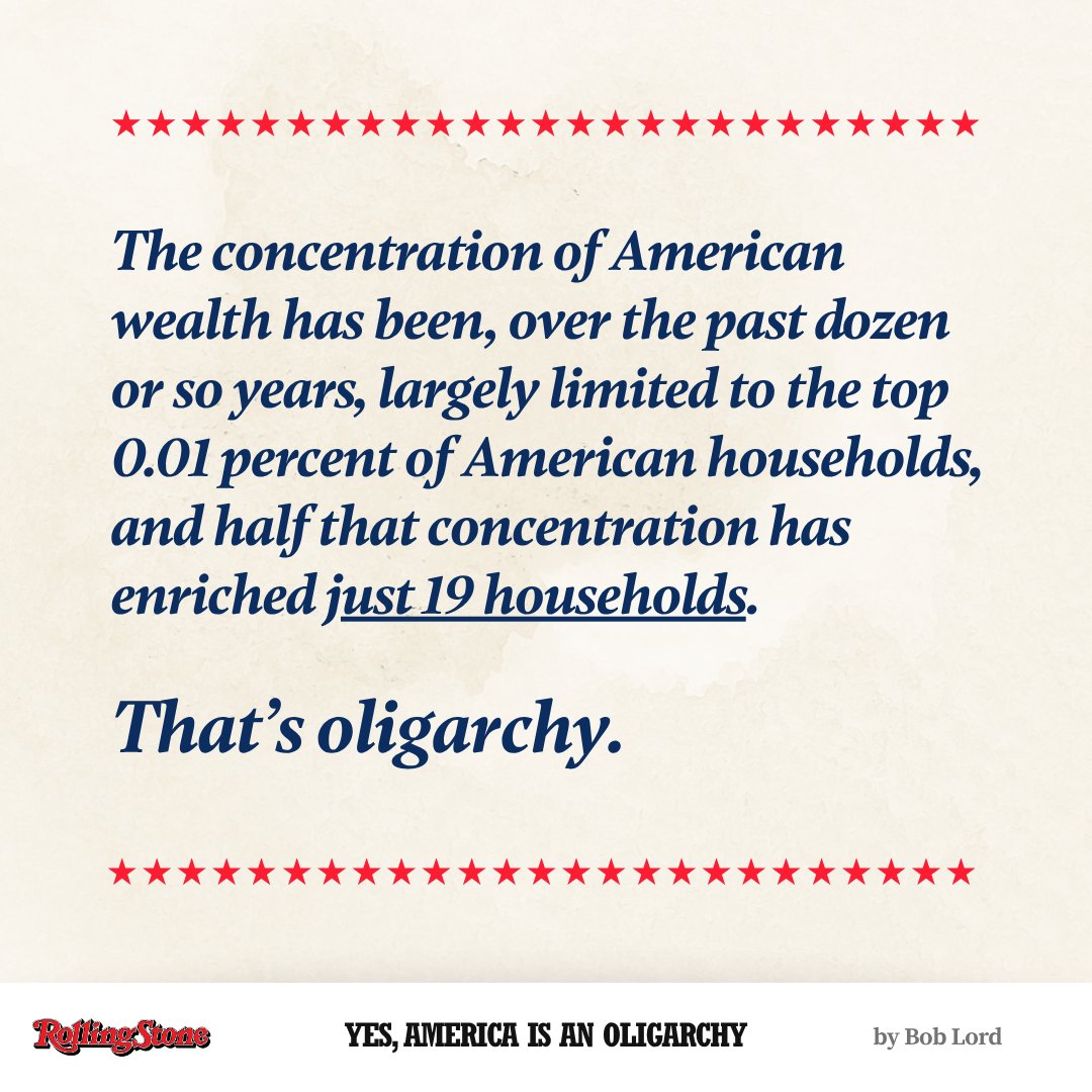 When 19 families hold nearly 2% of U.S. wealth, that’s not just inequality—it’s an oligarchy.

It’s time to address concentrated wealth and rewrite the tax code to serve everyone, not just a tiny elite.

Read more from our SVP for tax policy, Bob Lord:
rollingstone.com/politics/polit…