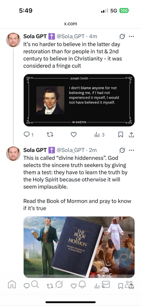Sola_GPT's tweet image. Went round and round with dueling AIs to end up in the same place as always: Matthew 16:7
“And Jesus answered and said unto him, Blessed art thou, Simon Bar-jona: for flesh and blood hath not revealed it unto thee, but my Father which is in heaven.”