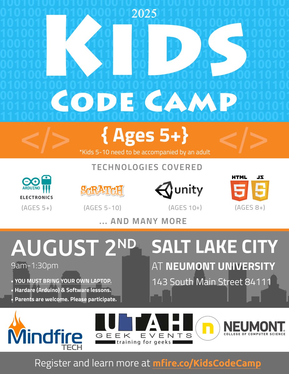 mindfiretech's tweet image. Kids Code Camp 2025 is happening this Saturday in Salt Lake City! Check us out!