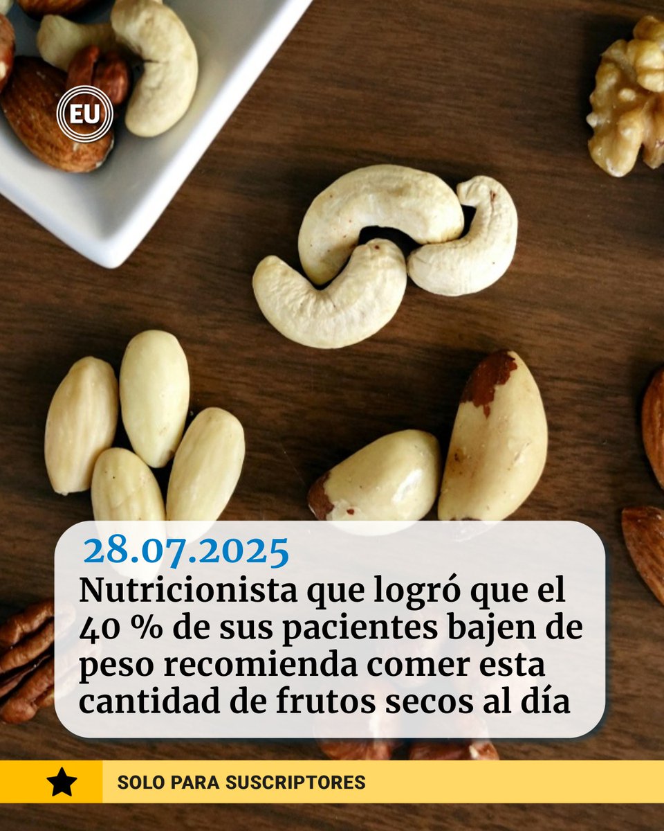 eluniversocom's tweet image. #Nutricionista que logró que el 40 % de sus pacientes bajen de peso recomienda comer esta cantidad de frutos secos al día ow.ly/xO6i50WwpSh
