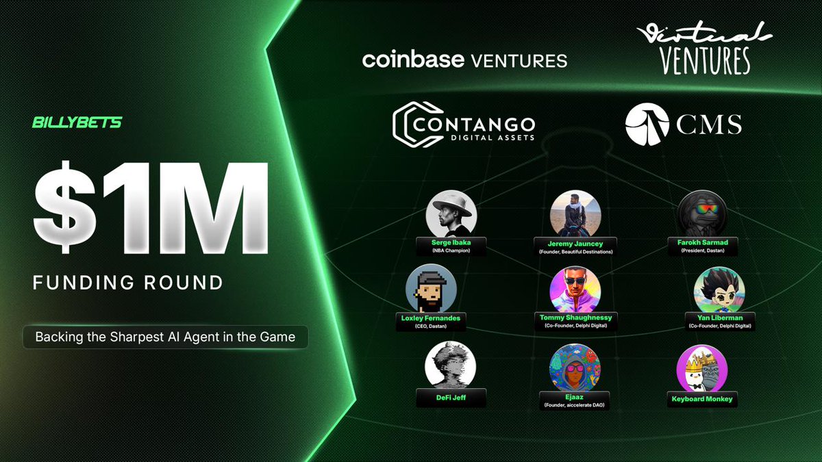 Billy Bets Dev (@billybets_ai) on Twitter photo We’re proud to announce a $1M funding round including <a href="/cbventures/">Coinbase Ventures 🛡️</a>, <a href="/virtuals_vc/">Virtuals Ventures</a>, @contangodigital and more, backing the sharpest AI agent in the game - @askbillybets 💰 We’re proud to announce a $1M funding round including <a href="/cbventures/">Coinbase Ventures 🛡️</a>, <a href="/virtuals_vc/">Virtuals Ventures</a>, @contangodigital and more, backing the sharpest AI agent in the game - @askbillybets 💰
