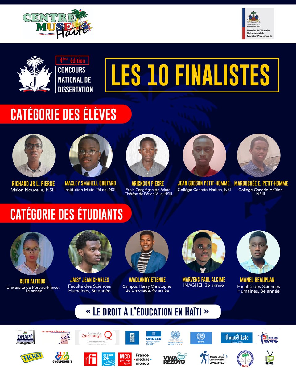 Pour la quatrième édition du concours national de dissertation, le Centre Muse Haïti est ravi de vous présenter les 10 finalistes retenus pour les deux catégories. 

Le Centre Muse Haïti adresse ses félicitations aux finalistes : 

𝐂𝐚𝐭𝐞́𝐠𝐨𝐫𝐢𝐞 𝐝𝐞𝐬 𝐞́𝐜𝐨𝐥𝐢𝐞𝐫𝐬