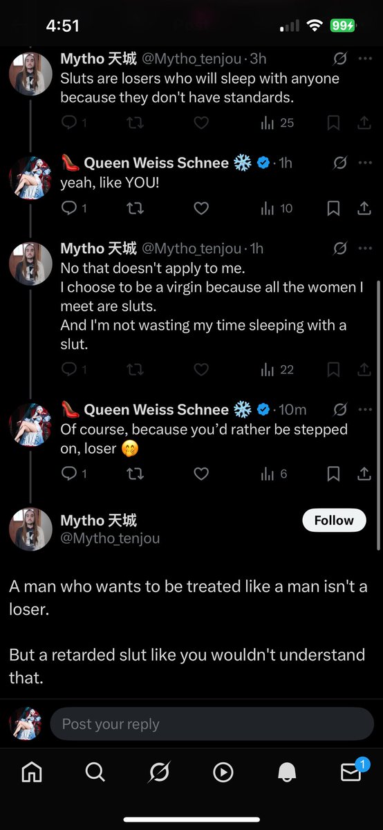 TheIceQueendom's tweet photo. Awwww triggered?  🤭

Men deserve to be treated with little respect if this is the example you want to set, loser. Fuck the patriarchy and fuck your ableist and slut shaming language. Keep it up and maybe someone will knock your teeth out! https://t.co/ANqJE9wB6D