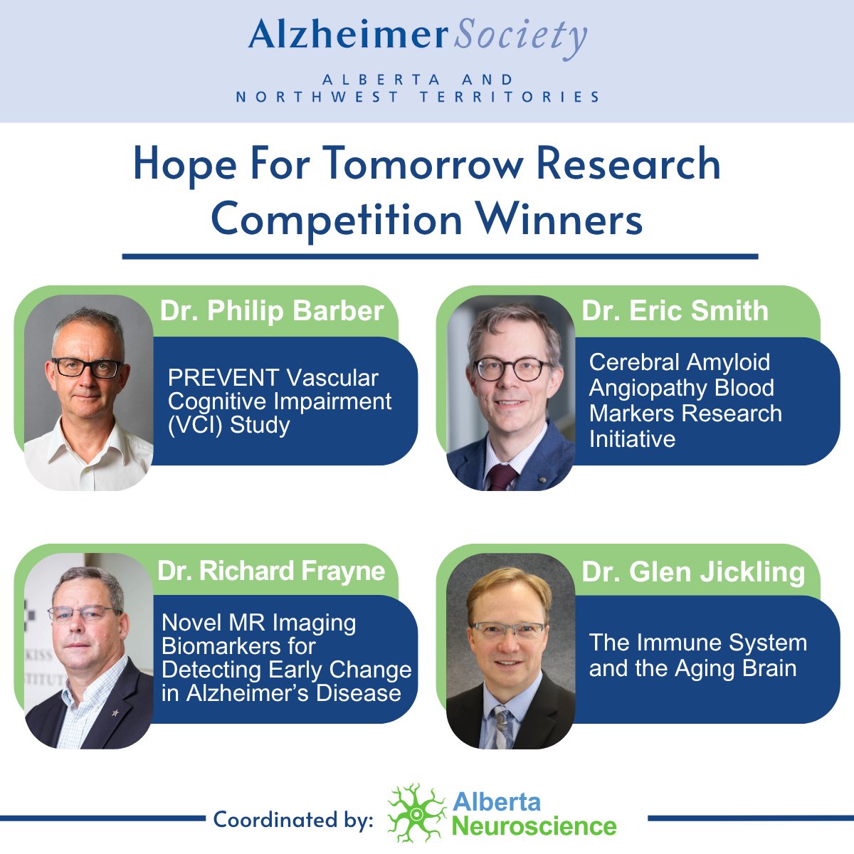 Alberta Neuroscience (@abneurosci) on Twitter photo 🎉The Alzheimer Society of Alberta and Northwest Territories, supported Alberta Neuroscience, is pleased to announce the 2024 Hope for Tomorrow Research Competition Winners. Stay tuned for more!
Check out the past competition winners: albertaneuro.ca/hope-for-tomor…
<a href="/UCalgary/">U Calgary</a>
<a href="/UAlberta/">University of Alberta</a> 🎉The Alzheimer Society of Alberta and Northwest Territories, supported Alberta Neuroscience, is pleased to announce the 2024 Hope for Tomorrow Research Competition Winners. Stay tuned for more!
Check out the past competition winners: albertaneuro.ca/hope-for-tomor…
<a href="/UCalgary/">U Calgary</a>
<a href="/UAlberta/">University of Alberta</a>