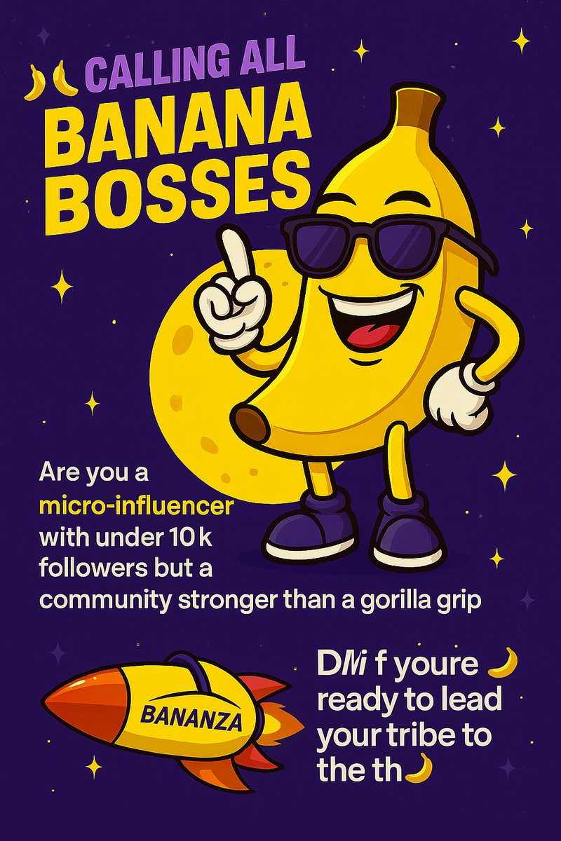 MoonBananaMeme's tweet photo. 🍌 CALLING ALL BANANA BOSSES 🍌

Are you a micro-influencer with under 10k followers but a community stronger than a gorilla grip? 🦍💪

We’re building the MoonBanana ($BANANZA) jungle – and we need your meme magic 🍌✨
No VC games. Just vibes, memes & moon missions 🚀🌕
🛸 DM if you're ready to lead your tribe to the 🍌moon.

#BANANZA #Solana #memecoin #microinfluencer #MoonBanana #degenlife #InfluencerMarketing