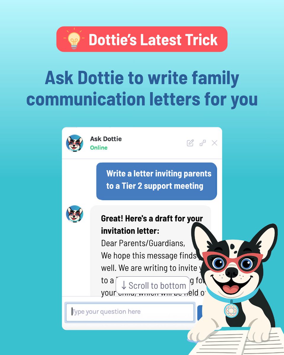 📝 Writing a letter to families? 

Dottie helps you communicate clearly and compassionately, in English or Spanish, and with the right tone every time.

➡️ More Dottie tricks: hubs.la/Q03zbt0f0

#AskDottie #MTSS #FamilyEngagement #DottieTricks #FallReadiness #EdTech