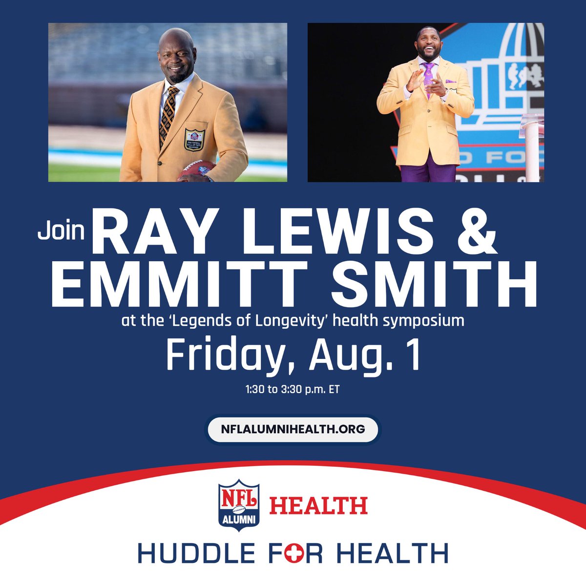 Two Hall of Famers. One unforgettable conversation.
Ray Lewis &amp; Emmitt Smith go LIVE Aug 1 to talk resilience, longevity &amp; life after the game.

Aug 1  |  1:30–3:30 PM EST
Live from Enshrinement Week
Stream it: nflalumnihealth.org

#NFLAlumniHealth #NFLAlumni #caregiving