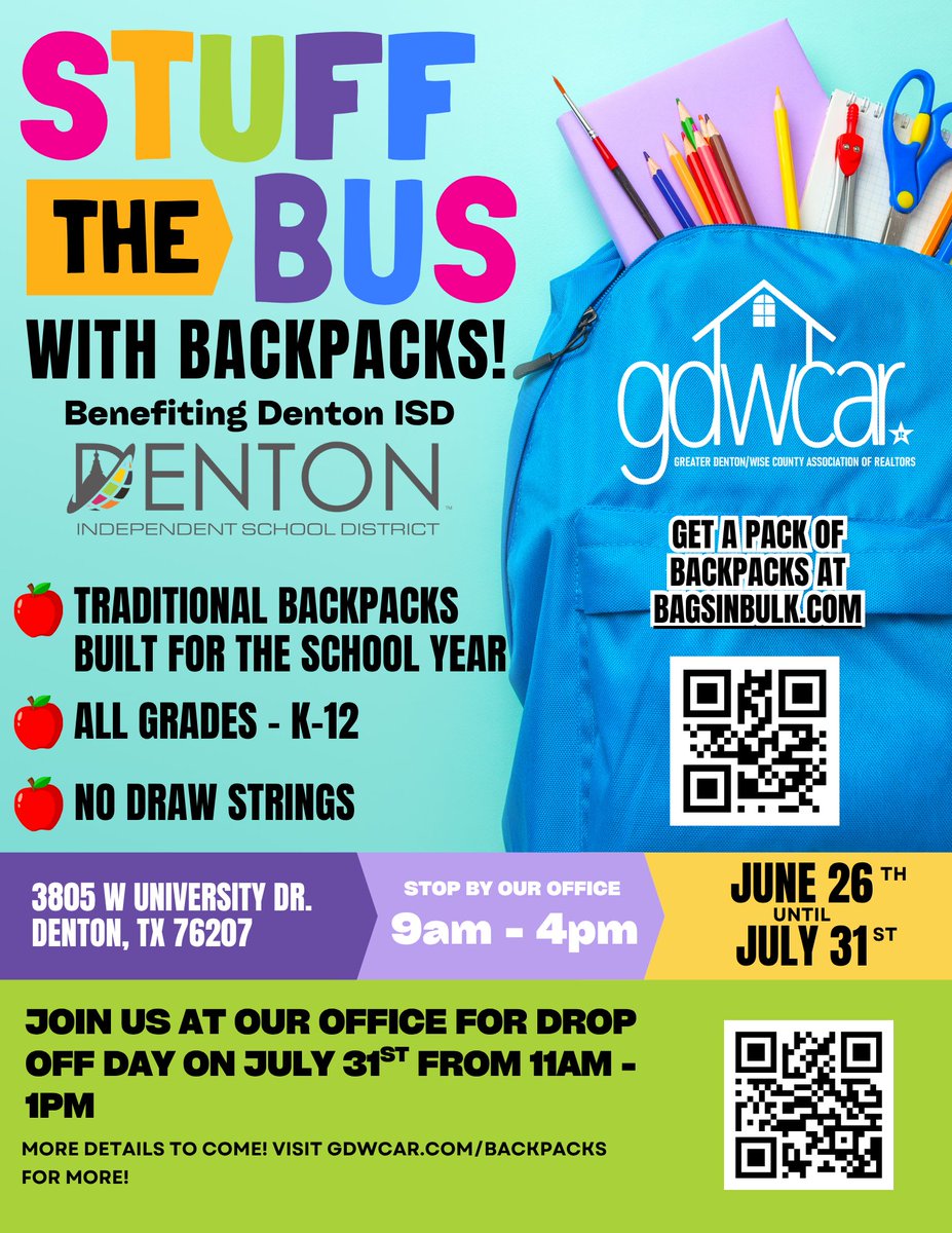 🚌 Can you help us #StuffTheBus with backpacks for #DentonISD by Thursday?

🎒We're approaching our goal - but we still need your help! Let's ensure deserving students start the school year right with new backpacks!

#StuffTheBus2025🚌 #gdwcar #realtorsgivingback