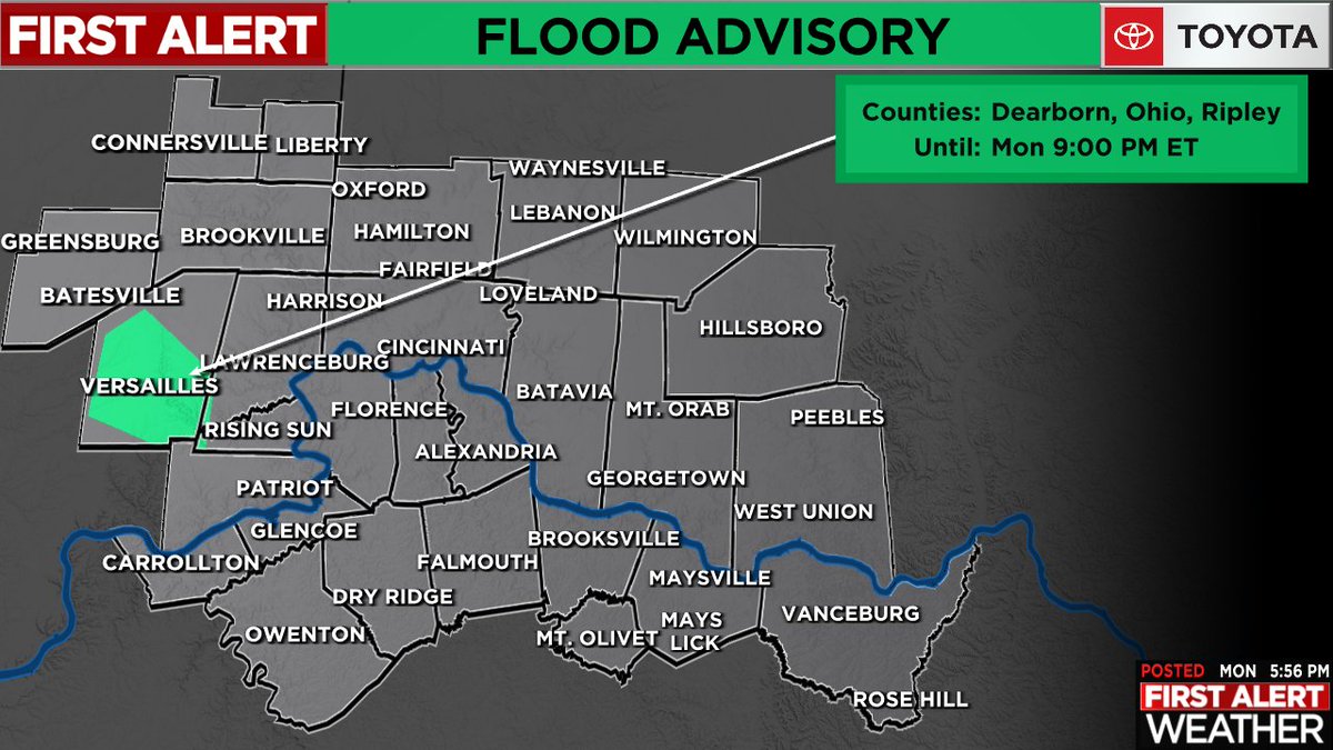 FOX19's tweet image. An *AREAL FLOOD ADVISORY* has been issued for highlighted areas of the FOX19 NOW viewing area. For more information, please go to fox19.com/weather?utm_so… & stay up to date on the First Alert Weather app! #cincywx #FirstAlert