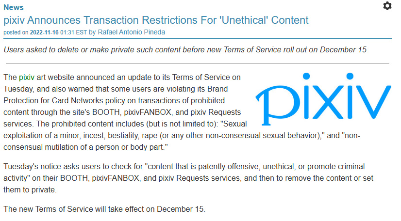 Remember all this censorship started years ago with Anime and Manga. Don't ever forget that

I appreciate everyone Private DMing me with new info or  just thanking me on covering this topic. I'm very passionate about Freedom of Expression within fiction.