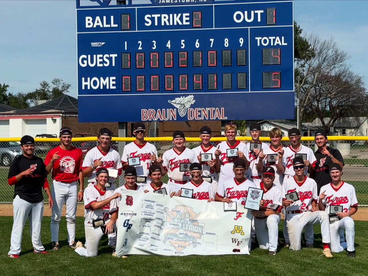 𝗦𝗧𝗔𝗧𝗘 𝗖𝗛𝗔𝗠𝗣𝗦! The Bombers rallied for four runs in the bottom of the sixth and walked off in the seventh with a 5-4 win over the West Fargo Rattlers in Jamestown for the Junior Legion title. It’s the sixth state championship in Bombers history. 💣⚾️