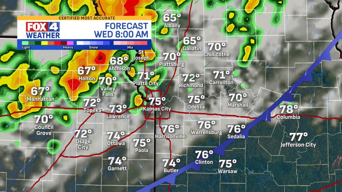 JacobLanierWx's tweet image. WEDNESDAY 🌧️: A summer cold front moves through Kansas City Wednesday AM, with rain lagging behind it. Showers are likely by mid morning lasting into the afternoon. Beware of a continued local flooding risk...but temps much cooler in the 70s behind this! @fox4kc #KCwx #MOwx #KSwx