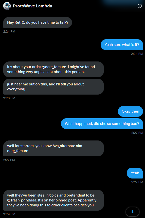 Retr0BlitzDash's tweet photo. My DM conversation with him explaining my side of the story of doing commission business with the artist back then and also providing my pics of a 3d model commission of my sona that I spent so much money on it, and I pretty much regret getting it. https://t.co/8N5Hii15DP