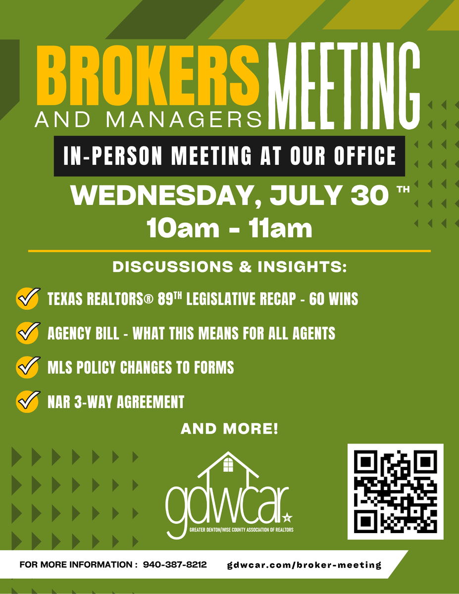 There's still time to RSVP for Wednesday's Brokers &amp; Managers Meeting! Join us as we discuss:

✅ 60 Legislative Wins from #TexasREALTORS®
✅ What the Agency Bill means for ALL Agents.
✅ MLS Policy Changes to Forms

and more!