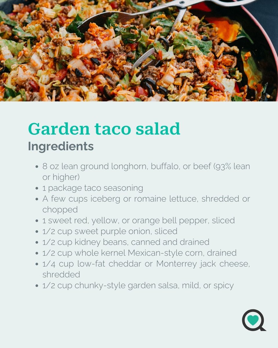 SharecareInc's tweet image. This garden #taco salad is perfect after a workout. It's filled with electrolytes, healthy carbs to replenish your energy stores, and protein to boost recovery. If you prefer, use ground turkey instead of beef. ow.ly/WlAC50VMimT
#tacosalad #recipe #tacosaladrecipe