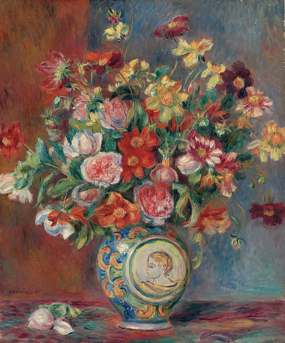 MorganaBwrites's tweet image. “Nothing costs so little, goes so far, and accomplishes so much as a single act of merciful service.”
~ Pierre-Auguste Renoir
Vase with Flowers by Pierre-Auguste Renoir (1881)