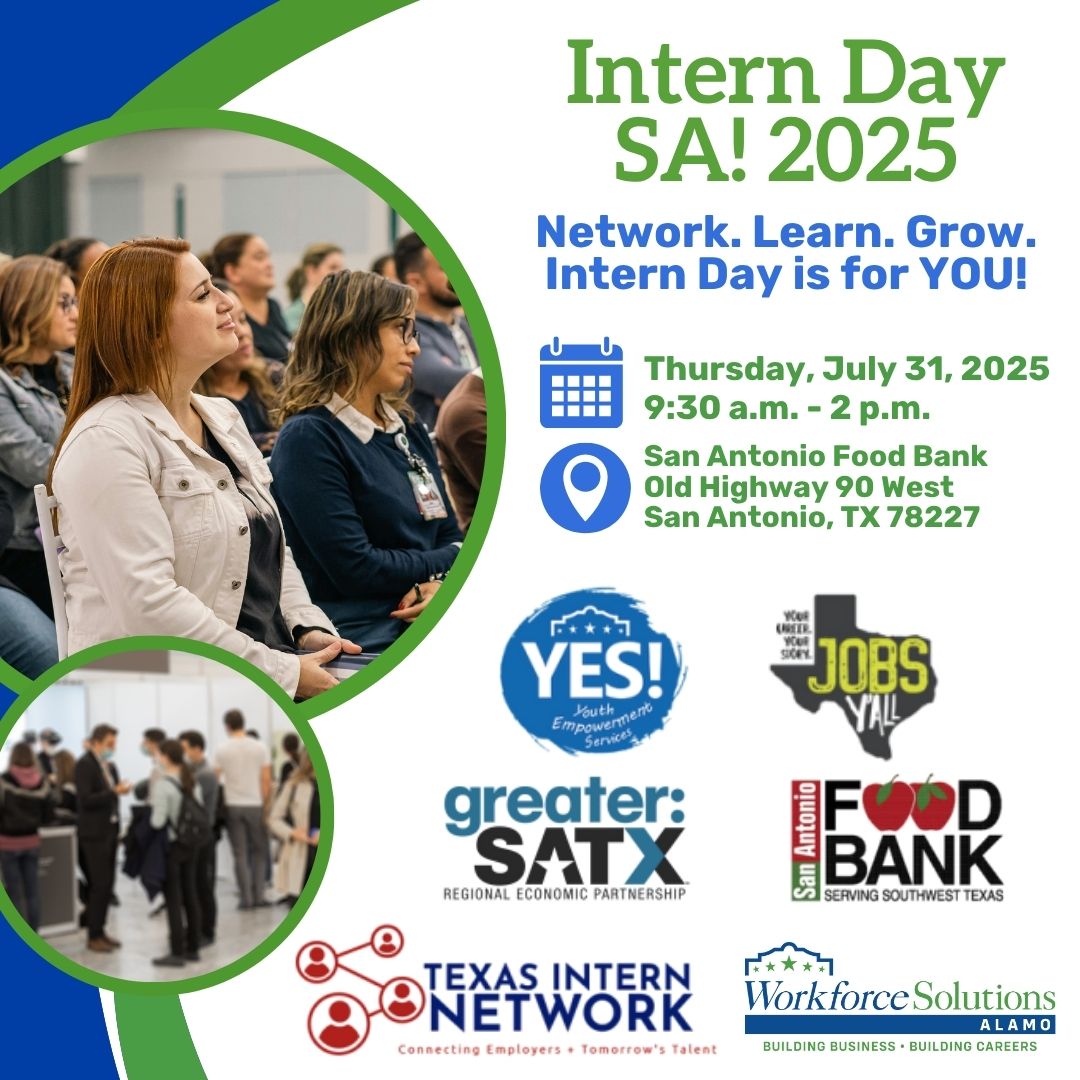 Intern Day SA! 2025 features a career building &amp; networking event designed for young professionals!

📅 July 31, 9:30am - 2pm
📍 San Antonio Food Bank
5200 Historic Old Hwy 90 

Register here: eventbrite.com/e/intern-day-s…

#WorkforceSolutionsAlamo #InternDay