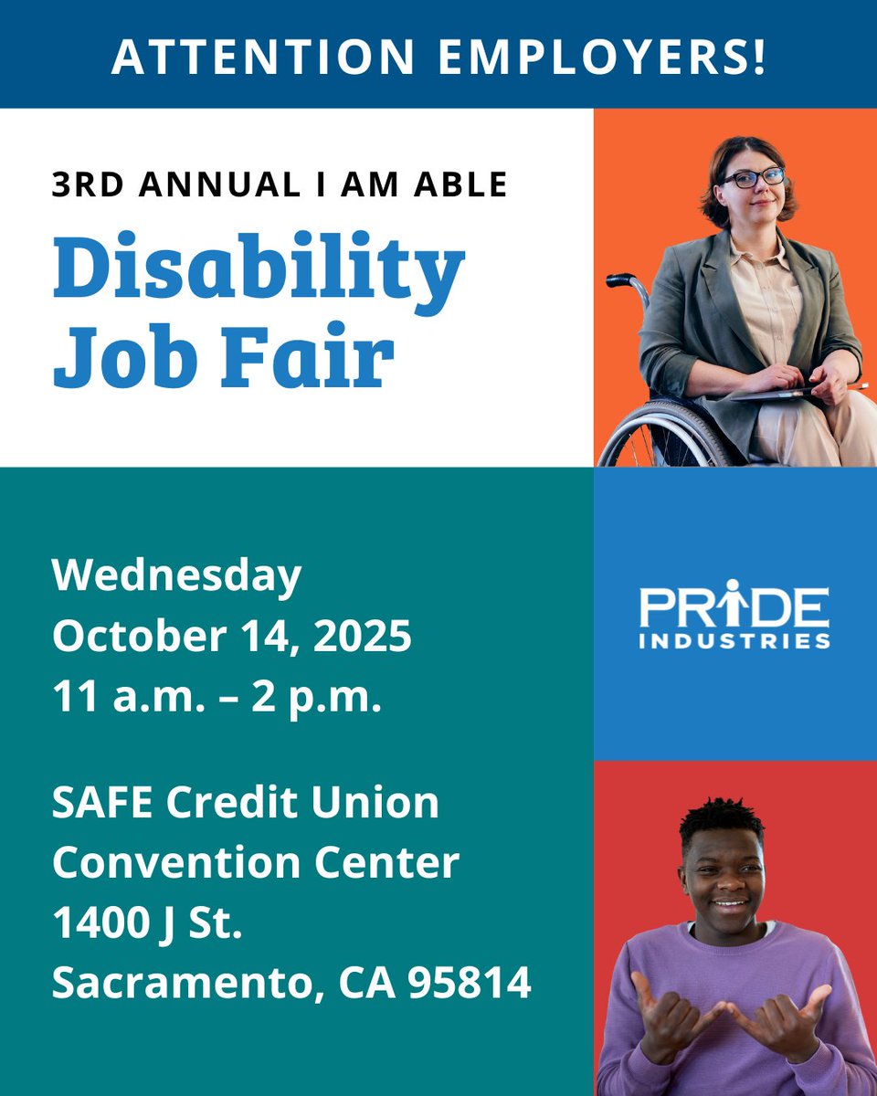 Attention Sacramento region #employers! If you're seeking dedicated, qualified employees, then don't miss the second annual I AM ABLE #Disability #JobFair, to be held Wednesday, October 14th at the SAFE Credit Union Convention Center. Register today at loom.ly/i-5aUCU