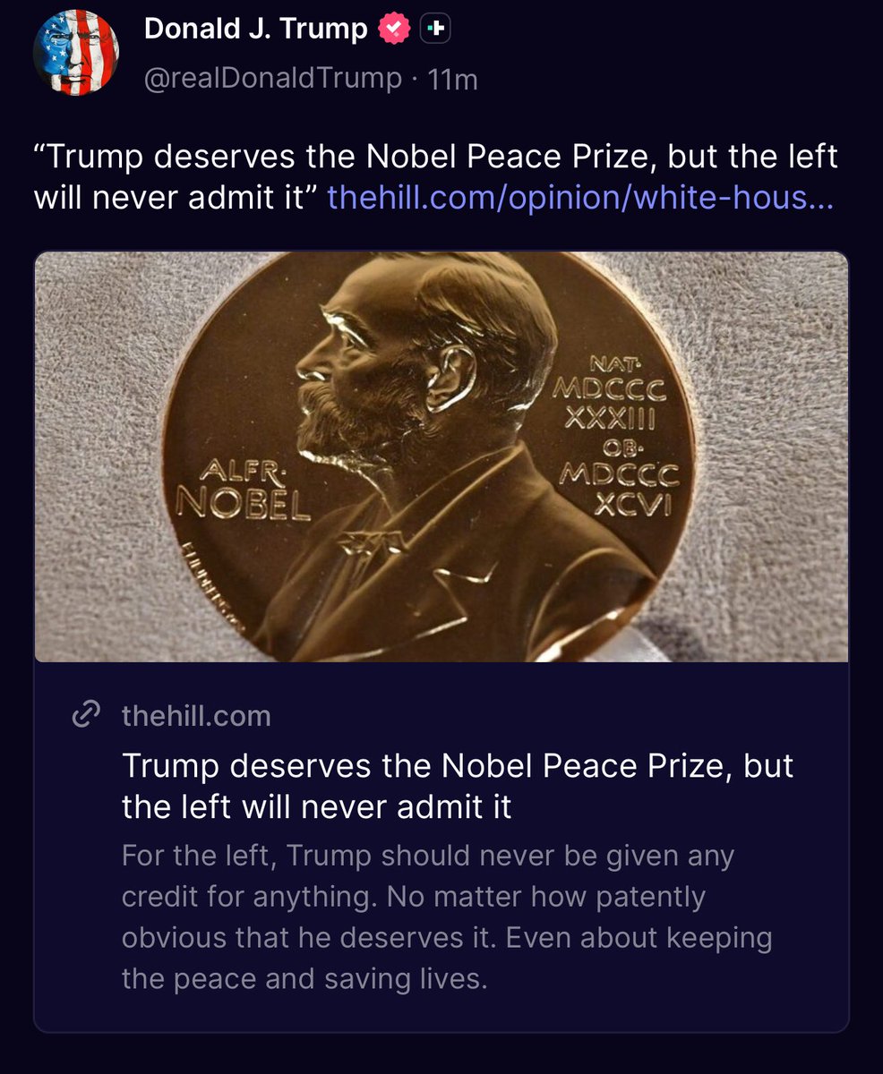 dddonnnaaa's tweet image. trump is pushing for that Nobel Peace Prize. If he ever gets that, it will be ruined, just like everything else he gets his taco tit mitts on. I hate this man. Constantly blowing smoke up his own ass all day. Who posts stuff like this about themselves? He is so cringe.