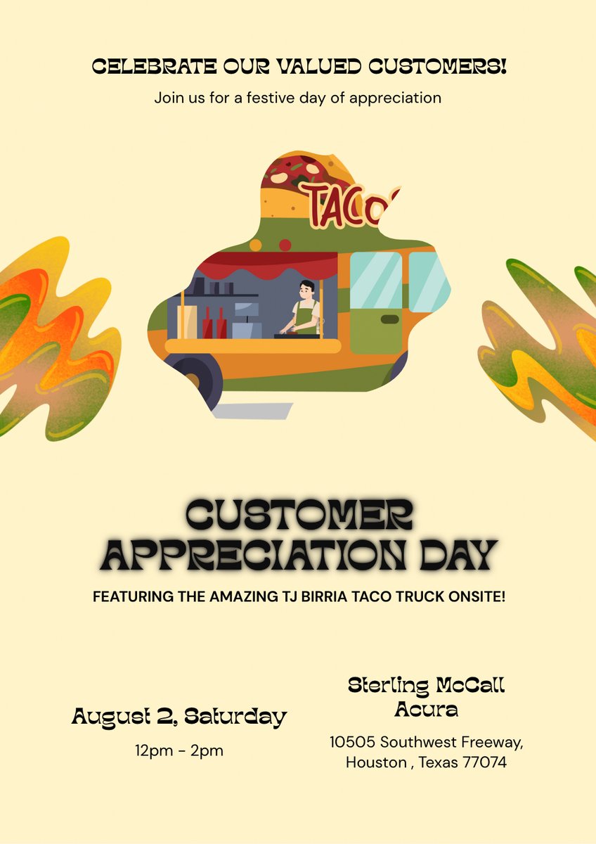 GP1AcuraSWHOU's tweet photo. Join us this August 2, 2025 at Sterling McCall Acura for our #CustomerAppreciationDay . From 12pm till 2 pm we will have #TJ #Birria #TacoTruck on site making some amazing food. https://t.co/KGplEQ2eDD